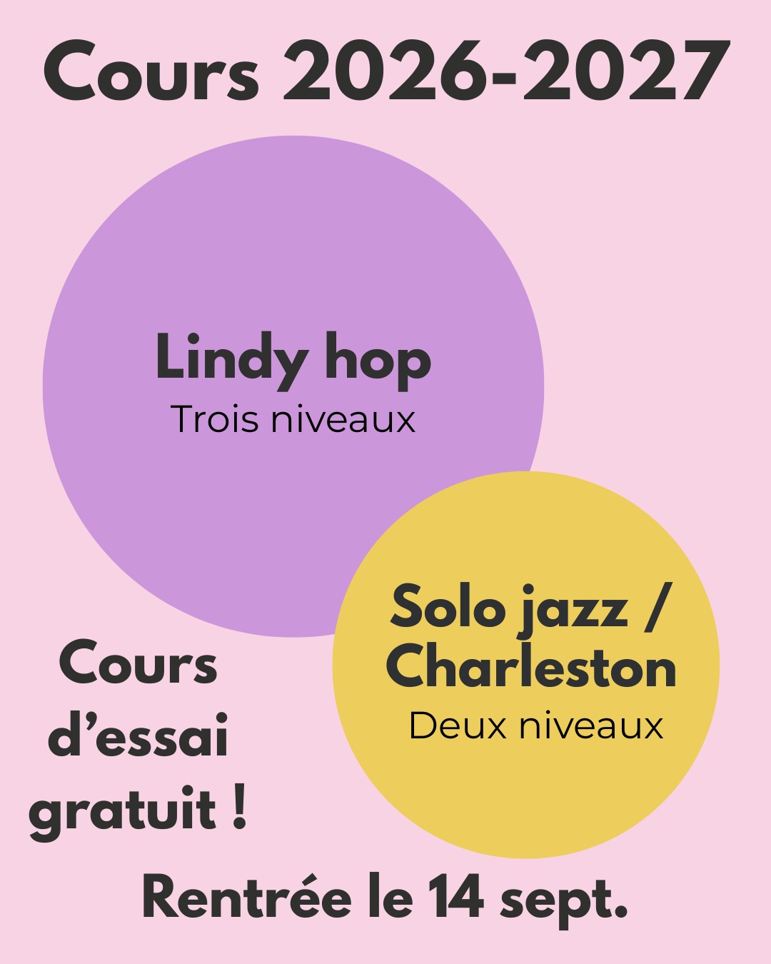 Cours SwingShine 2026-2027 : Lindy hop, trois niveaux, solo jazz ou Charleston, deux niveaux, cours d’essai gratuit et rentrée le 14 septembre