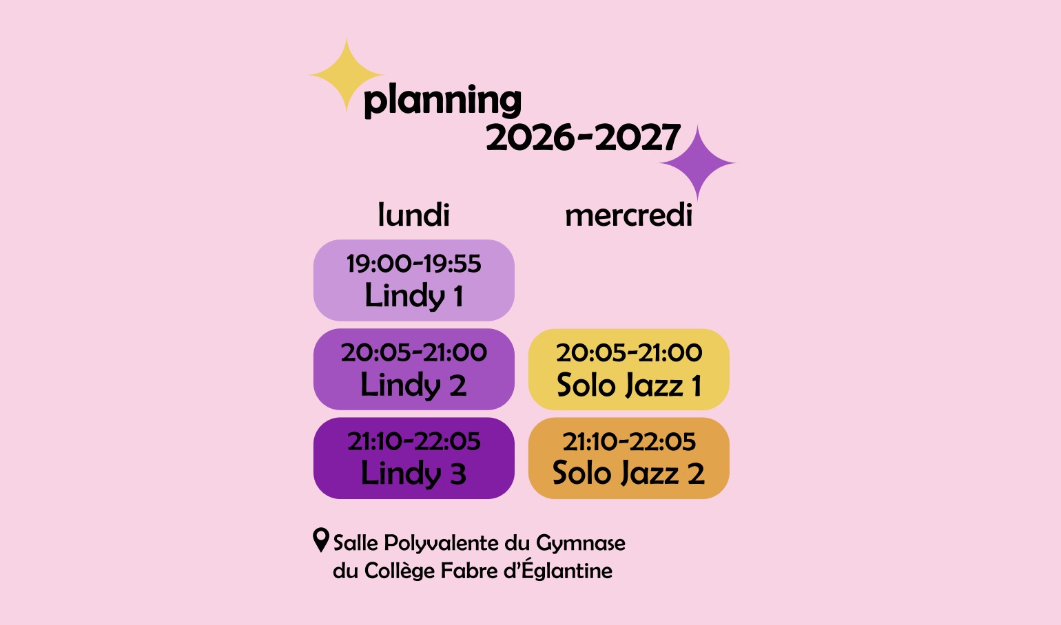 Planning des cours SwingShine 2026-2027